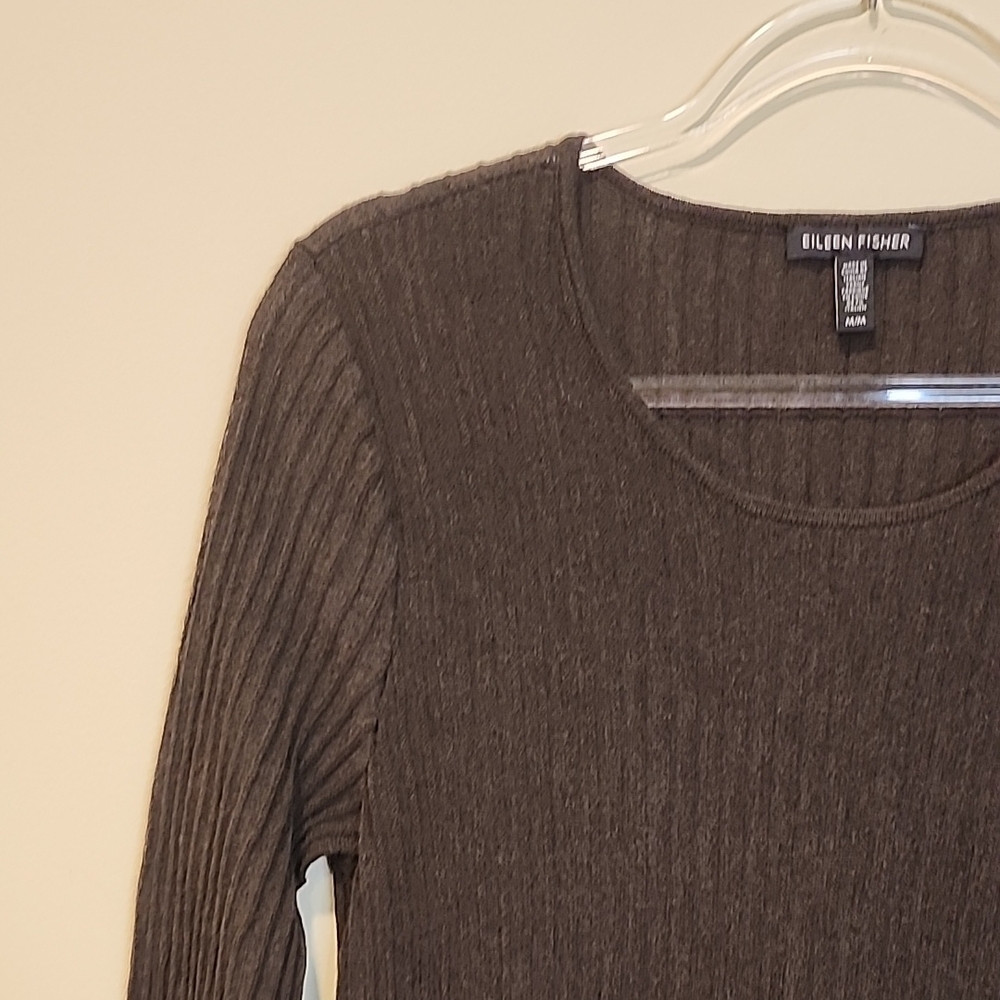 Eileen Fisher Dark Brown Wool Pleated  Scoop-Neck Long-Sleeve Dress - Picture 4 of 10